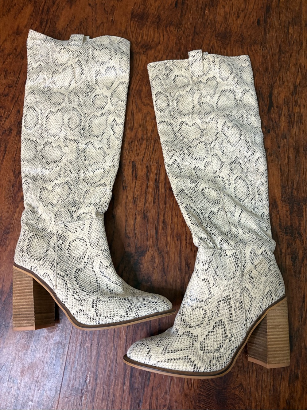 Mi.iM Cream Snake-Print Over-the-Knee Boots